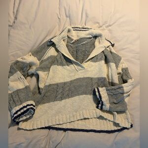 Free People Gray and Cream V-Neck Sweater